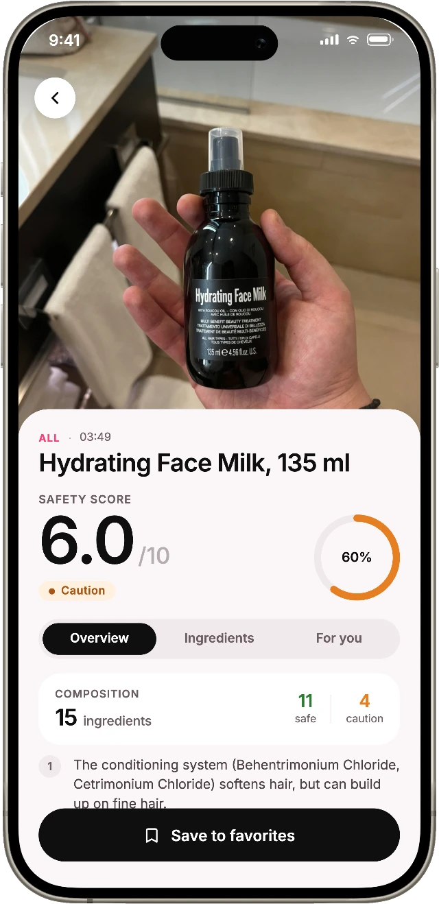 Analysis result with the product photo and safety score
