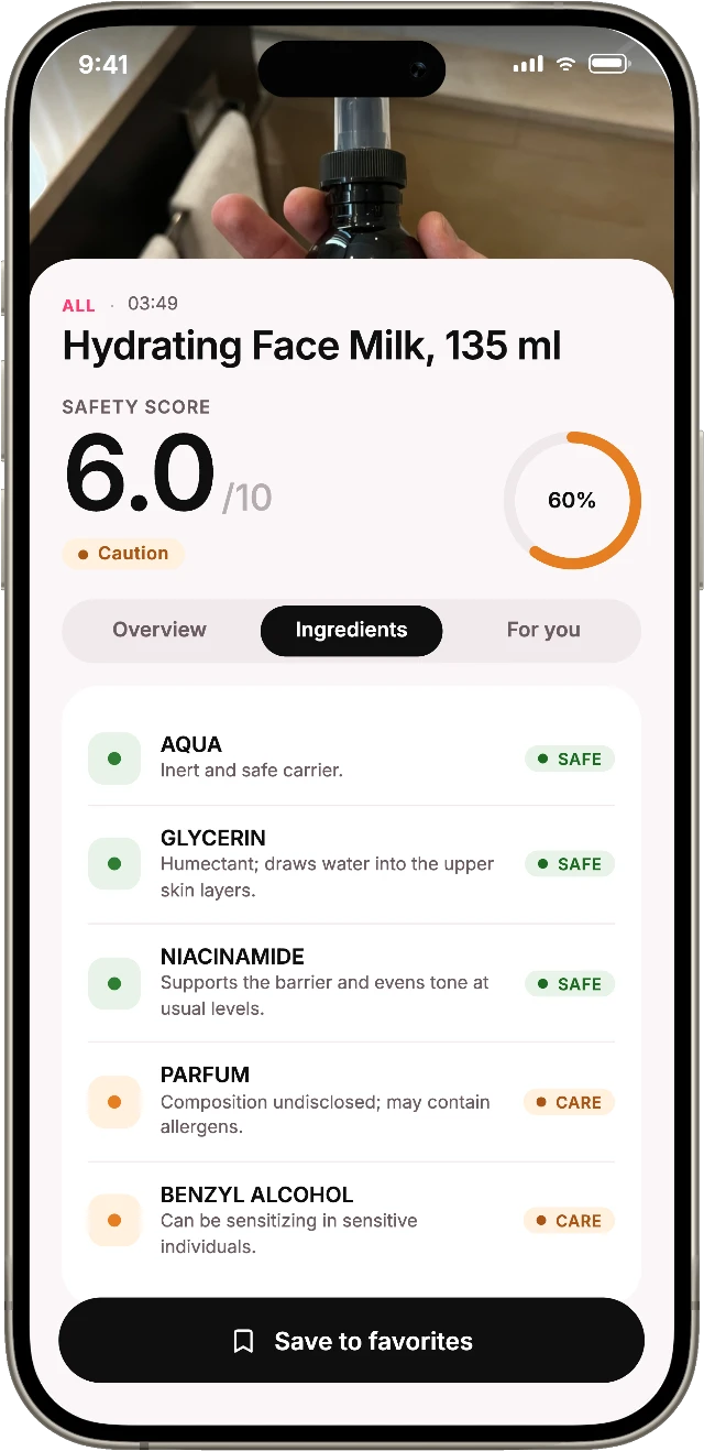 Ingredient list with safe and care labels